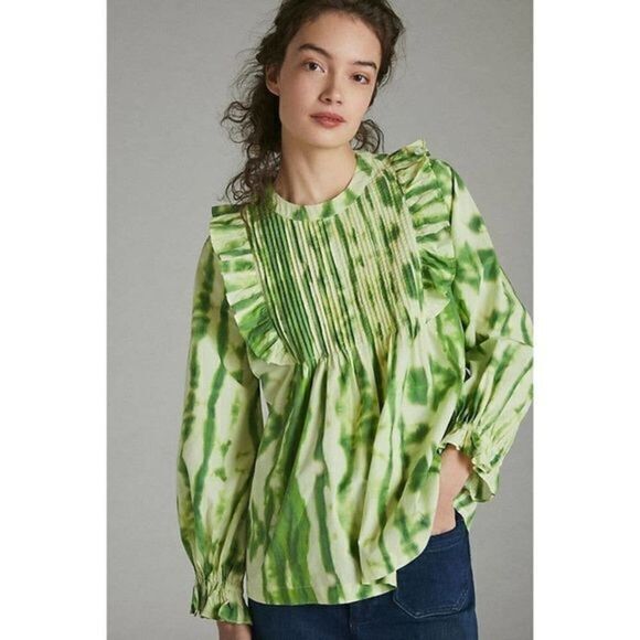 Anthropologie Emilia Green Ruffle Tie Dye Shirt S
